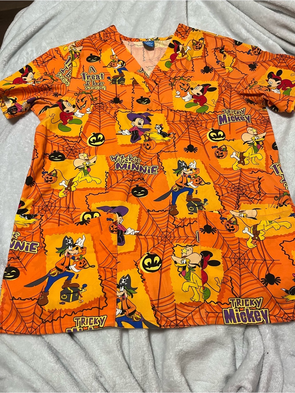 Disney Orange Minnie & Mickey Halloween Scrub Top